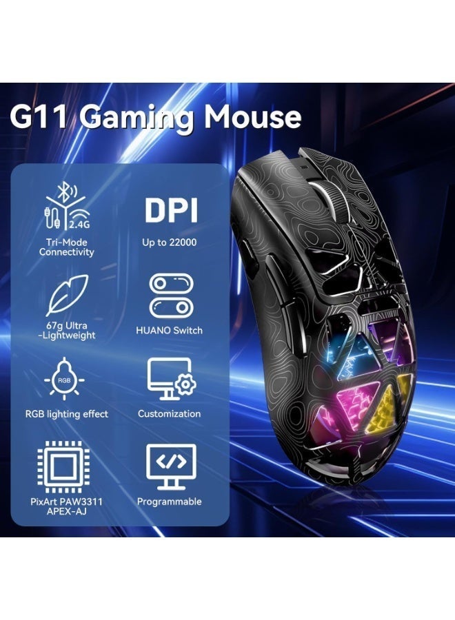 مكعب غاضب ماوس الألعاب اللاسلكي G11 – ماوس ألعاب خفيف الوزن مع إضاءة RGB، بدقة تصل إلى 22000 نقطة في البوصة (DPI) ومستشعر PAW3311، ويدعم ثلاث طرق اتصال: بلوتوث / لاسلكي 2.4 جيجاهرتز / سلكي، مثالي للألعاب على أجهزة الكمبيوتر المكتبي، اللابتوب، وماك. - Image 2