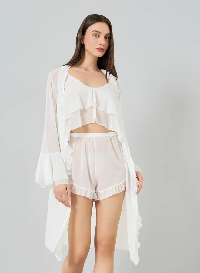 Take Two  Pack of 3 - Ruffle Hem Detail Mesh Camisole with Shorts and Robe Set for Women | Best Price UAE