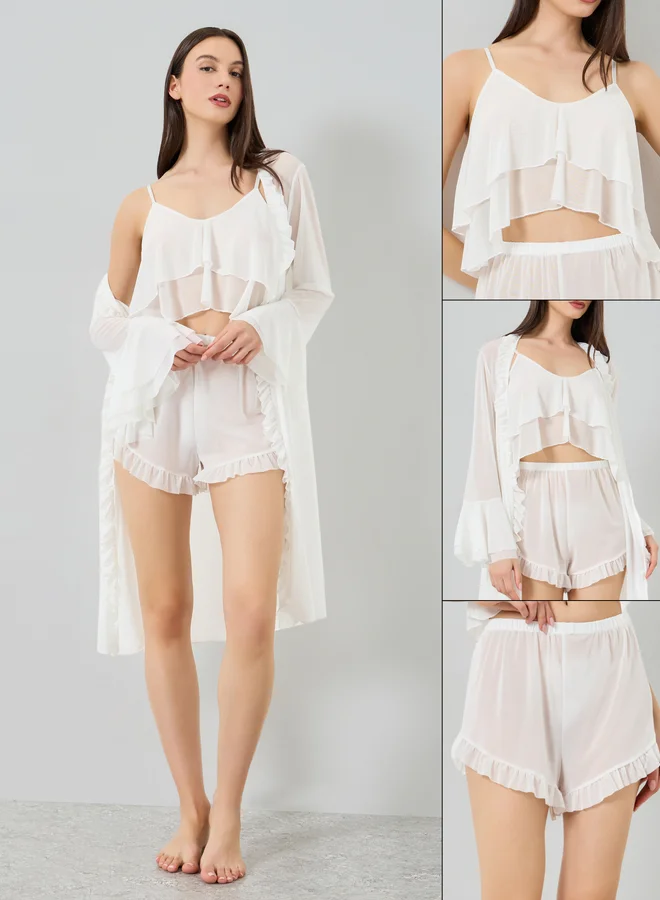 تايك تو مجموعة من 3 قطع روب وشورت وبلوزة بحمالات شبكية وتفاصيل كشكش