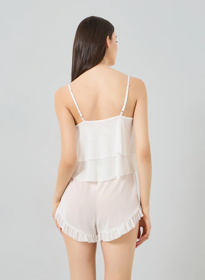 Take Two  Pack of 3 - Ruffle Hem Detail Mesh Camisole with Shorts and Robe Set for Women | Best Price UAE
