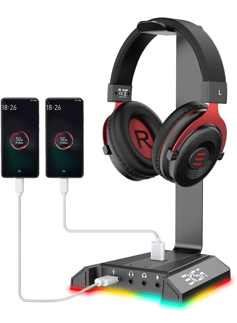 إكسا حامل سماعات رأس للألعاب الألعاب مع إضاءة RGB ديناميكية ومنافذ USB وشواحن | قاعدة مانعة للانزلاق و3 مداخل صوت 3.5 مم | حامل مكتبي طويل ومحسن للصوت المحيطي 7.1 للكمبيوتر الشخصي - Image 1