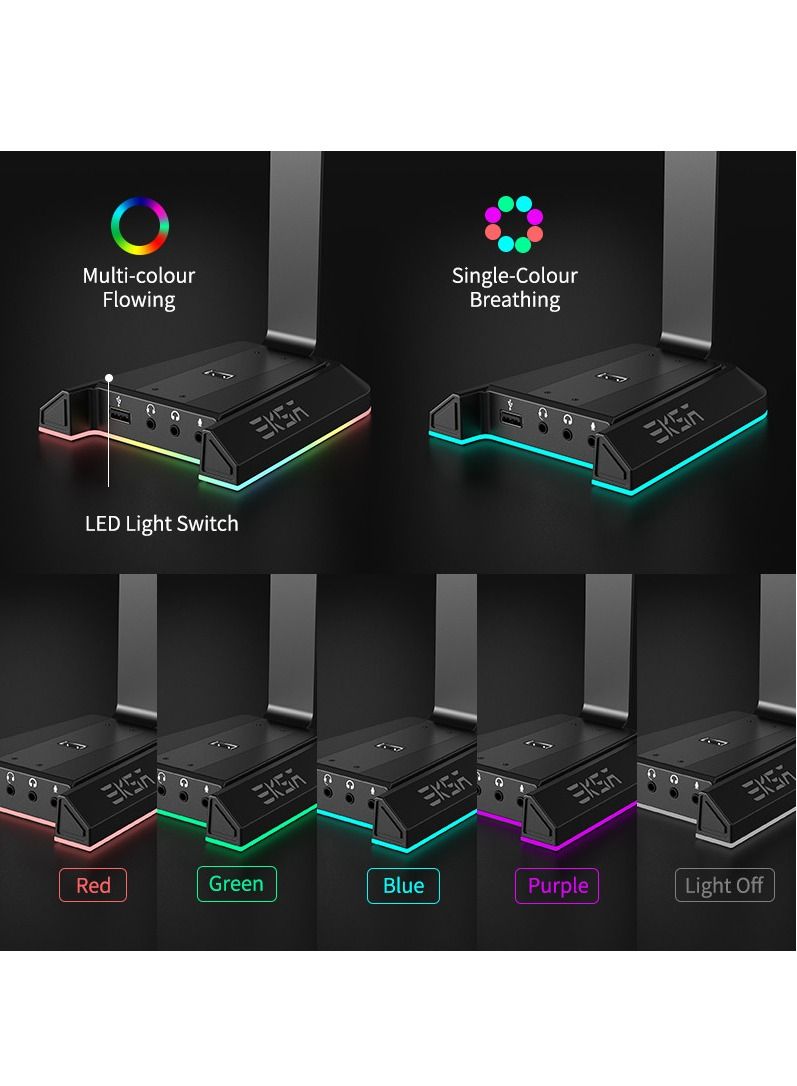 إكسا حامل سماعات رأس للألعاب الألعاب مع إضاءة RGB ديناميكية ومنافذ USB وشواحن | قاعدة مانعة للانزلاق و3 مداخل صوت 3.5 مم | حامل مكتبي طويل ومحسن للصوت المحيطي 7.1 للكمبيوتر الشخصي - Image 4