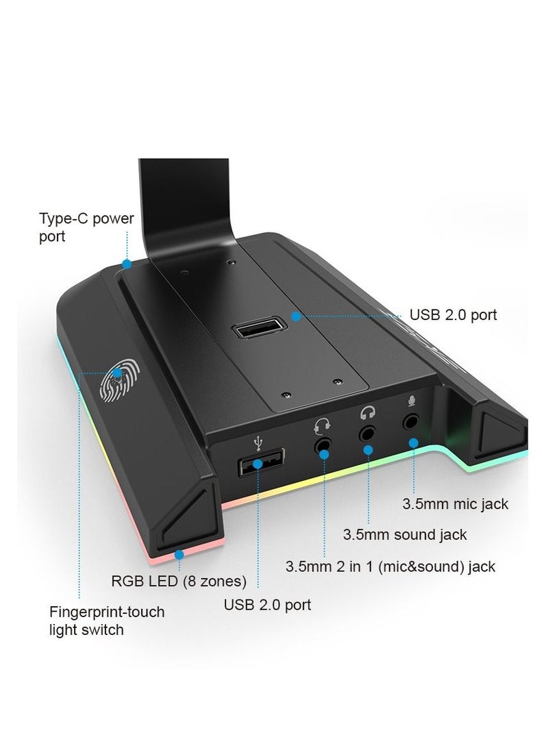 إكسا حامل سماعات رأس للألعاب الألعاب مع إضاءة RGB ديناميكية ومنافذ USB وشواحن | قاعدة مانعة للانزلاق و3 مداخل صوت 3.5 مم | حامل مكتبي طويل ومحسن للصوت المحيطي 7.1 للكمبيوتر الشخصي - Image 5