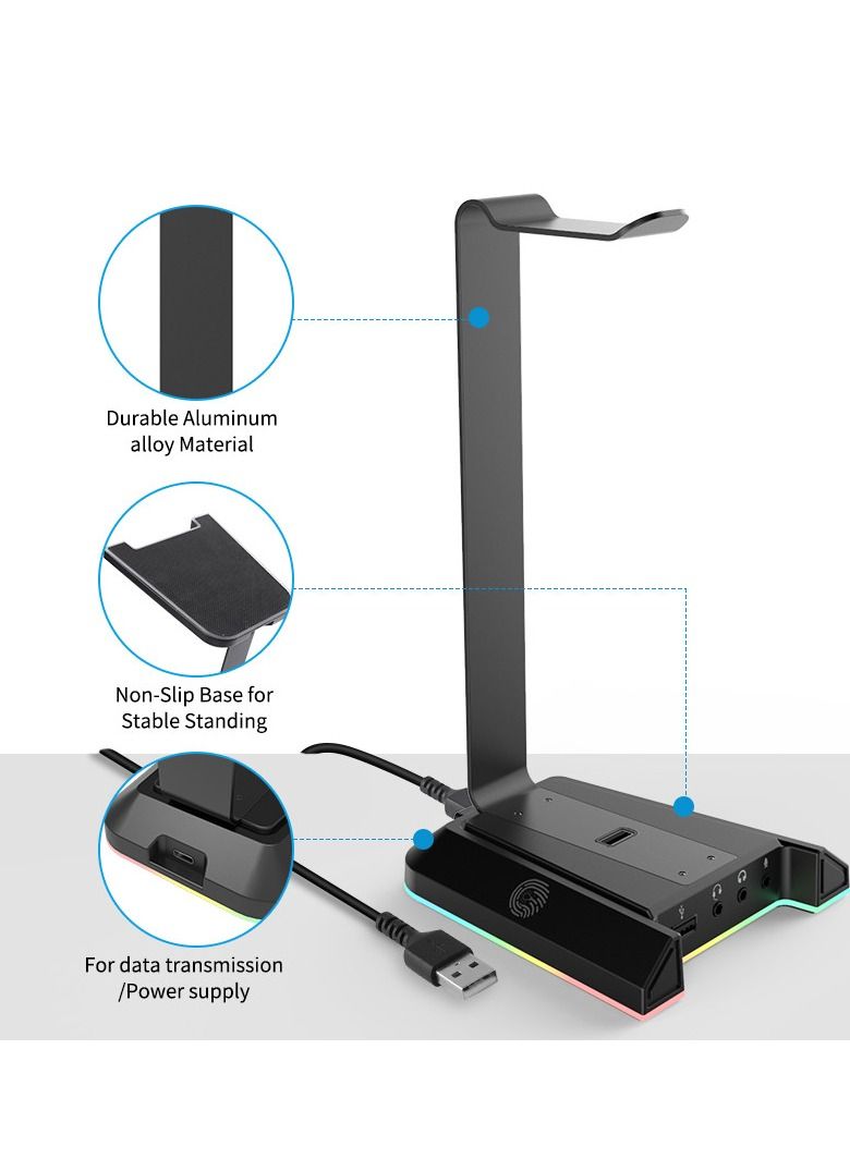 EKSA Headphone Headset Stand Holder, Dynamic RGB Lighting, Taller Stand and Anti-Slip Ledge, USB Charging Ports, Anti-Slip Rubber Base, 3.5mm Audio Jacks, Black - Image 5
