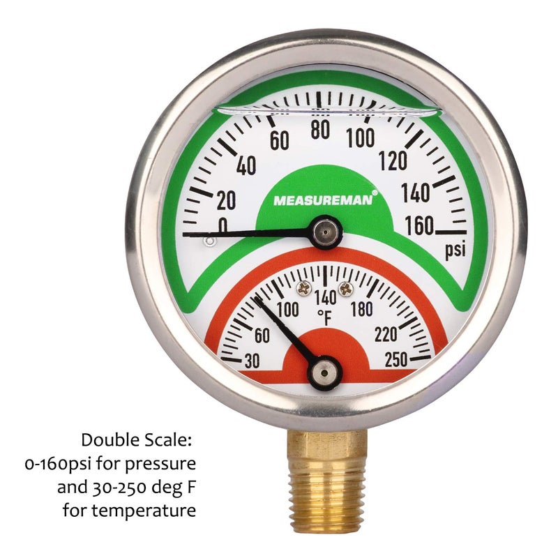 MEASUREMAN MEASUREMAN Tridicator, Thermo-Manometer, 2-1/2", Silicone Oil Filled, 0-160psi/30-250 deg F, Stainless Steel Case, 1/4"NPT Lower Mount Pressure Gauge - Image 3