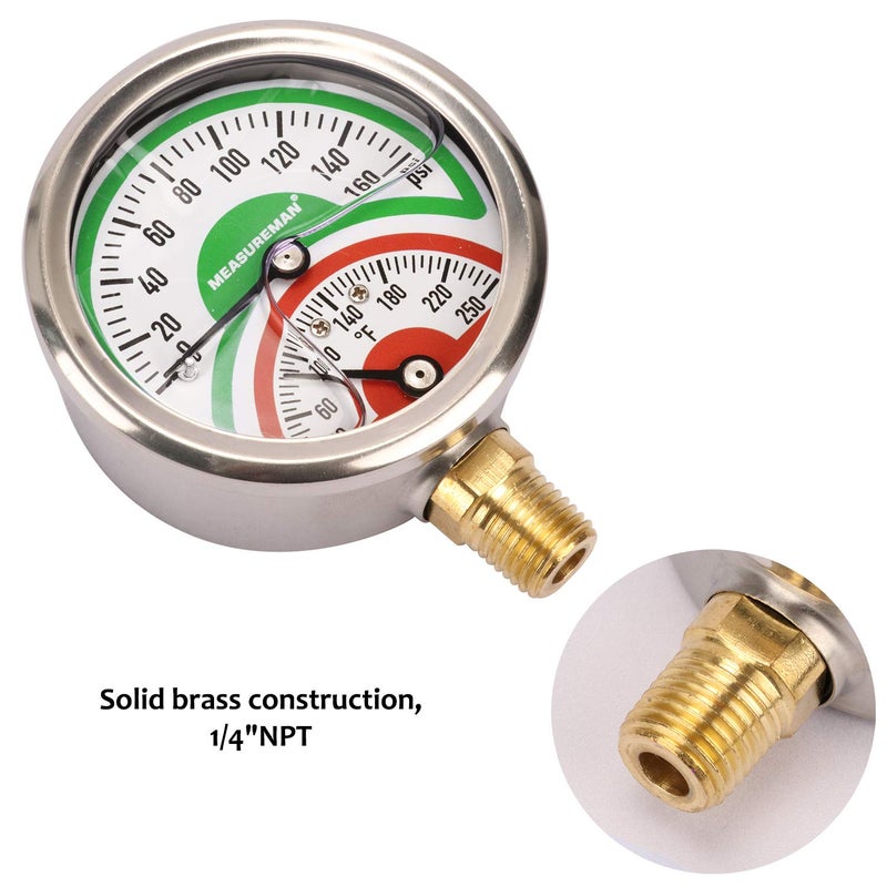 MEASUREMAN MEASUREMAN Tridicator, Thermo-Manometer, 2-1/2", Silicone Oil Filled, 0-160psi/30-250 deg F, Stainless Steel Case, 1/4"NPT Lower Mount Pressure Gauge - Image 4