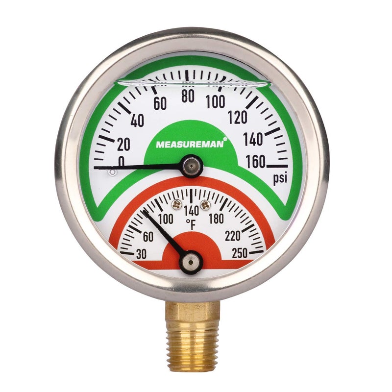 MEASUREMAN Tridicator, Thermo-Manometer, 2-1/2", Silicone Oil Filled, 0-160psi/30-250 deg F, Stainless Steel Case, 1/4" NPT Lower Mount Pressure Gauge - Image 1