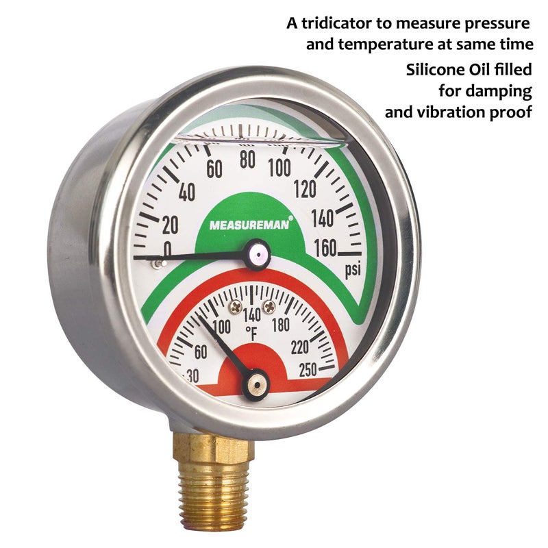 MEASUREMAN Tridicator, Thermo-Manometer, 2-1/2", Silicone Oil Filled, 0-160psi/30-250 deg F, Stainless Steel Case, 1/4" NPT Lower Mount Pressure Gauge - Image 2