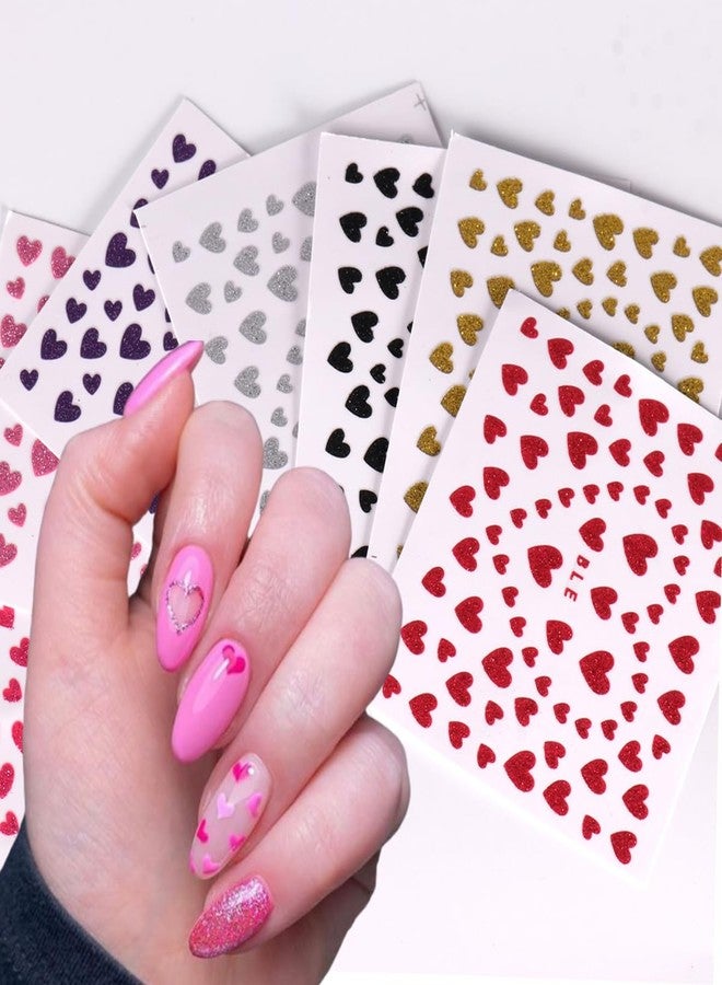 LRKNNO 6 Sheets Glitter Heart Nail Stickers 3D Shiny Love Heart Nail Decals Self Adhesive Valentine's Day Nail Art Stickers Colorful Glitters Heart Designs DIY Valentines Nails Manicure Decorations Charms - Image 2
