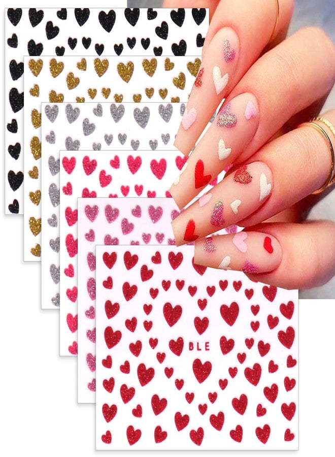 LRKNNO 6 Sheets Glitter Heart Nail Stickers 3D Shiny Love Heart Nail Decals Self Adhesive Valentine's Day Nail Art Stickers Colorful Glitters Heart Designs DIY Valentines Nails Manicure Decorations Charms - Image 1