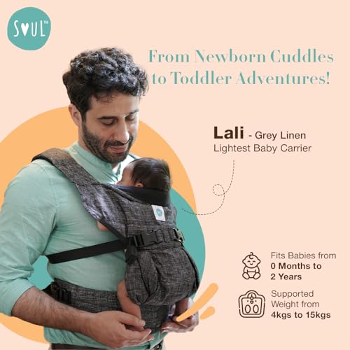 SOULSLINGS 4-in-1 Lali Baby Carrier Bag- Grey - Linen | Compact & Lightweight (400g) | Adjustable for 0-24 Months (4-15kg) | Machine Washable & Handwashable | Breastfeeding Friendly - Image 2