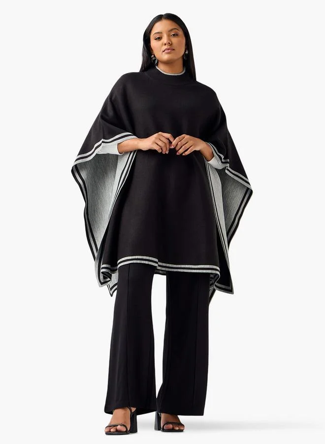  أولا بوبكن Ulla Popken Relaxed Fit Contrast Border High Neck Poncho
