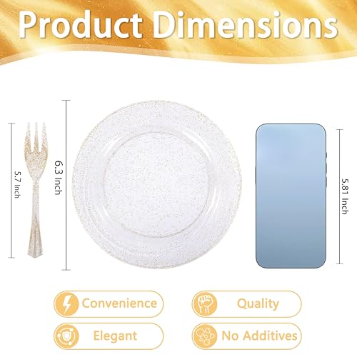 WELLIFE 60PCS Gold Glitter Dessert Plates and 60PCS Plastic Forks 63 inch Disposable Dessert Plates for 60 Guests Durable Gold Glitter Cake Plate Perfect for Party - Image 5