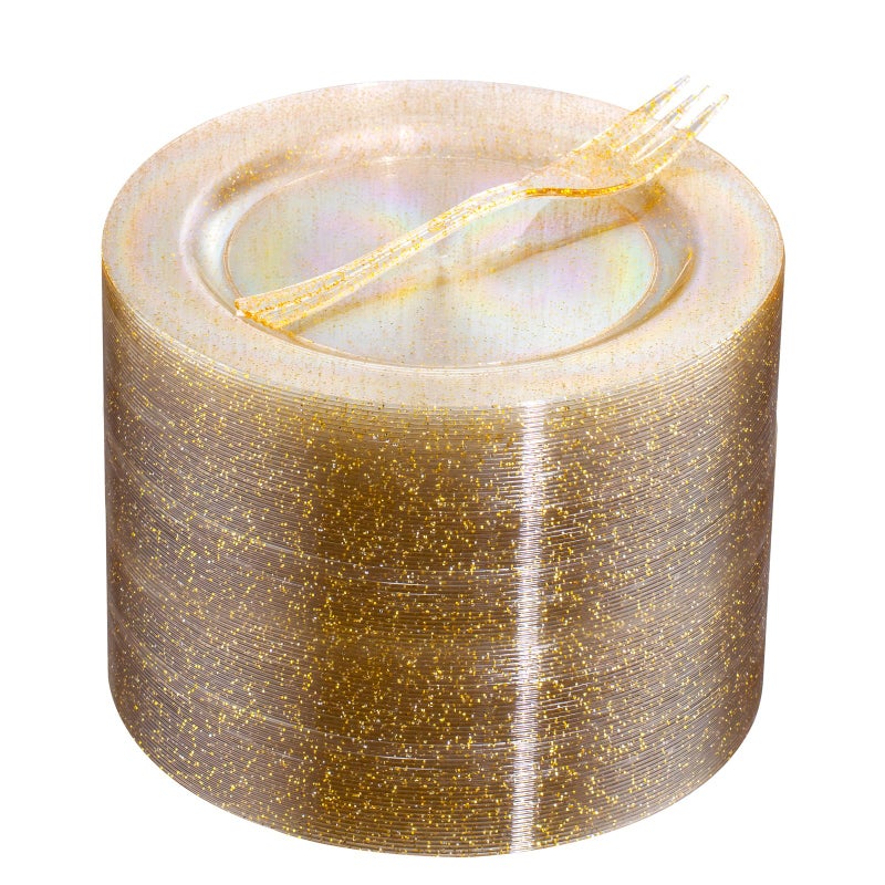 WELLIFE 60PCS Gold Glitter Dessert Plates and 60PCS Plastic Forks 63 inch Disposable Dessert Plates for 60 Guests Durable Gold Glitter Cake Plate Perfect for Party - Image 3