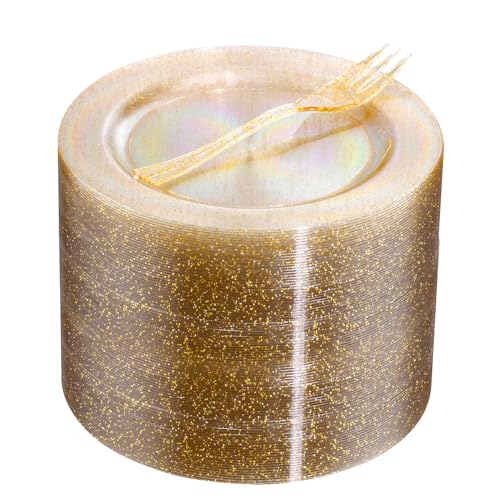 WELLIFE 60PCS Gold Glitter Dessert Plates and 60PCS Plastic Forks 63 inch Disposable Dessert Plates for 60 Guests Durable Gold Glitter Cake Plate Perfect for Party - Image 2