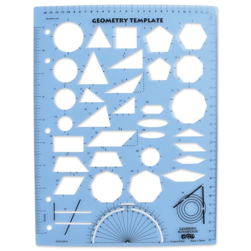LEARNING ADVANTAGE Geometry Template Sturdy Geometric Stencil to Draw 2D Shapes and Measure Angles Includes Ruler and Number Line with Negative Values