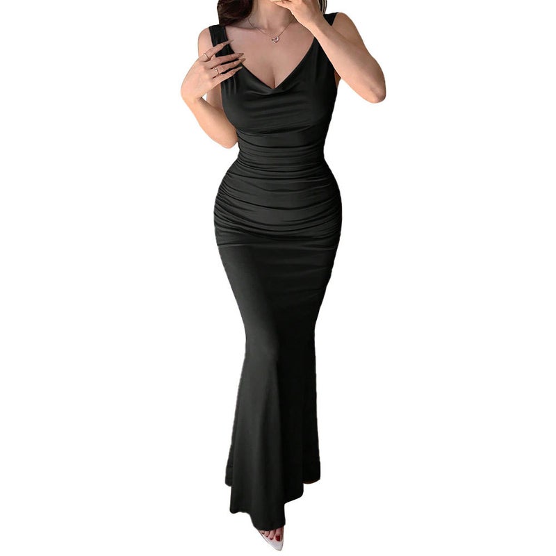 2026 Summer High Waist Bodycon Long Dress Solid Knit Sleeveless V-Neck - Image 5