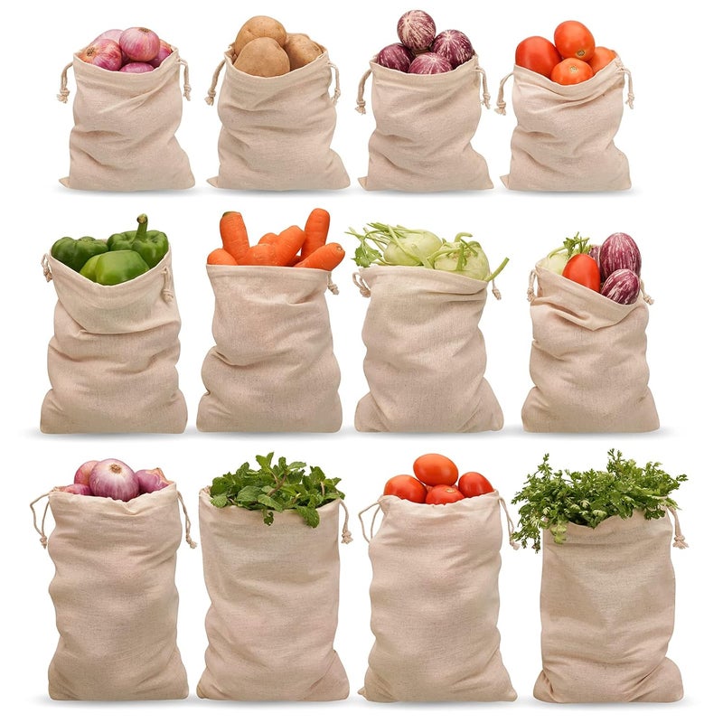 Dcluttr 100 cotton set of 12 fridge bag Reusable fridge storage bags for vegetables Eco friendly fabric vegetable storage bags for refrigerator Multipurpose drawstring bag S4pc M4pc L4pc - Image 1