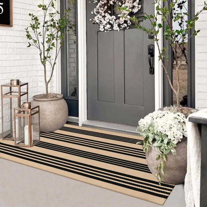 STRIPED OUTDOOR FRONT DOOR MAT 24X51 COTTON HAND WOVEN WASHABLE BLACK AND KHAKI RUG RUNNER REVERSIBLE FOLDABLE INDOOR LAYERED FRONT DOOR RUGS FOR ENTRYWAYFARMHOUSEHOME ENTRANCE
