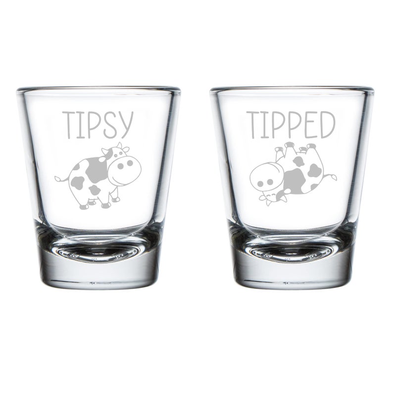 MIP Set of 2 Shot Glasses 175oz Shot Glass Tipsy Tipped Cow Funny Gift