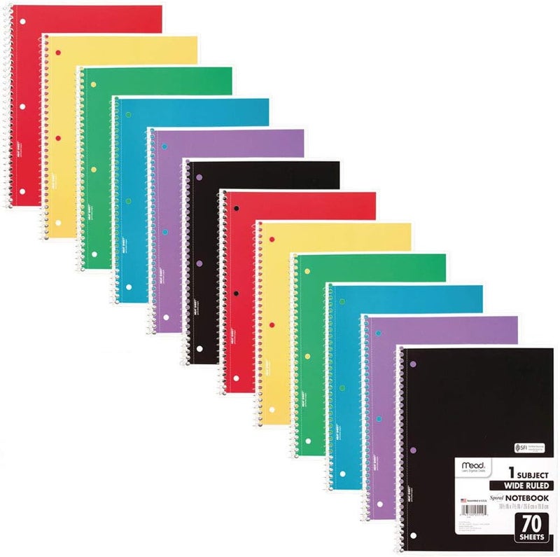 Mead Spiral Notebook, 12 Pack, 1 Subject, Wide Ruled Paper, 7-1/2" x 10-1/2", 70 Sheets per Notebook, Colors Will Vary (930202-ECM25) - Image 1
