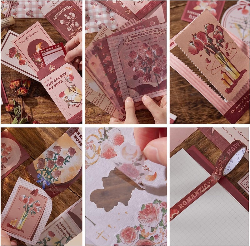 Buransh 346pcs Journal Supplies Kit Vintage Scrapbook for Art Journaling Bullet Junk Journal Craft Kits Notebook Collage Album Aesthetic Tape (Rose), Paper - Image 4
