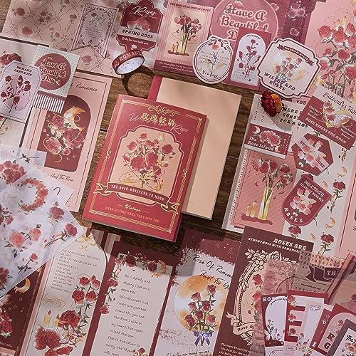 Buransh 346pcs Journal Supplies Kit Vintage Scrapbook for Art Journaling Bullet Junk Journal Craft Kits Notebook Collage Album Aesthetic Tape (Rose), Paper - Image 3