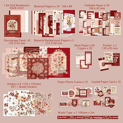 Buransh 346pcs Journal Supplies Kit Vintage Scrapbook for Art Journaling Bullet Junk Journal Craft Kits Notebook Collage Album Aesthetic Tape (Rose), Paper - Image 2