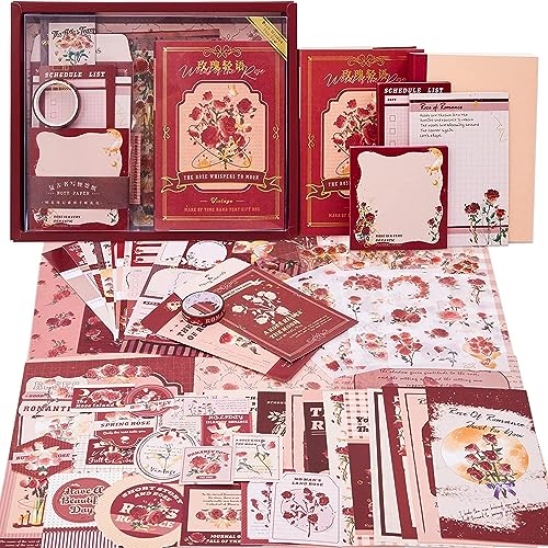 Buransh 346pcs Journal Supplies Kit Vintage Scrapbook for Art Journaling Bullet Junk Journal Craft Kits Notebook Collage Album Aesthetic Tape (Rose), Paper - Image 1
