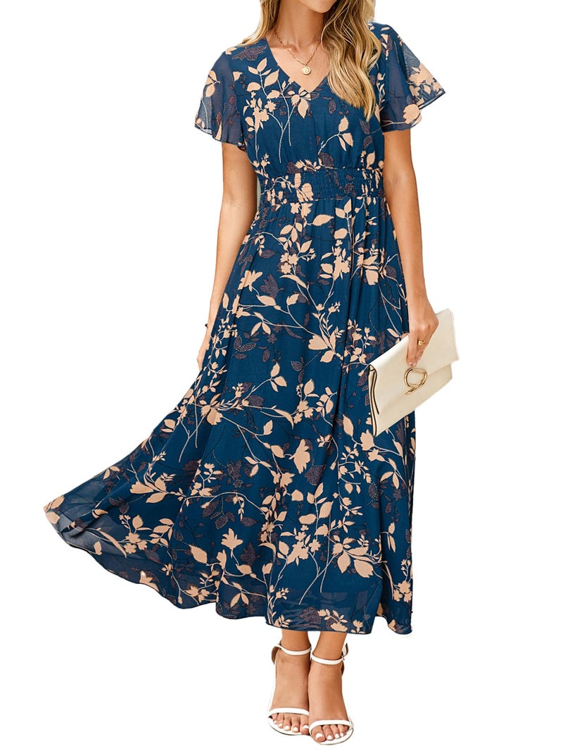 Simplee Apparel Simplee Womens Floral Maxi Dress - Short Sleeve Summer Boho Wedding Guest Dress Empire Waist Chiffon Modest Midi Dresses Blue,L - Image 1