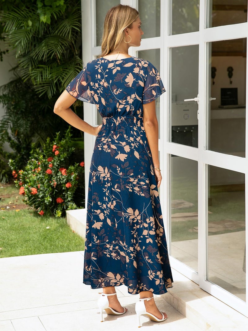 Simplee Apparel Simplee Womens Floral Maxi Dress - Short Sleeve Summer Boho Wedding Guest Dress Empire Waist Chiffon Modest Midi Dresses Blue,L - Image 5