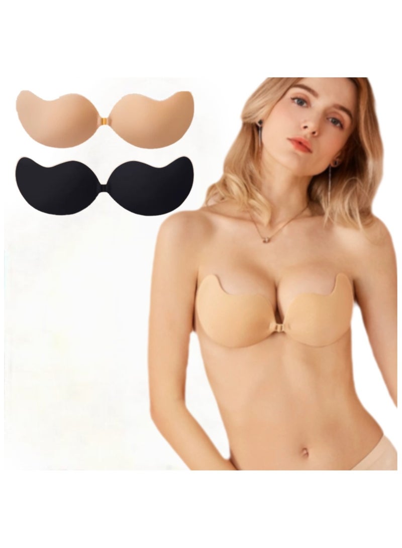 Jomo Store Push-Up Self-Adhesive Silicone Strapless Bra - Front Closure, Invisible, 2-Piece Set (Black & Beige) - Image 1
