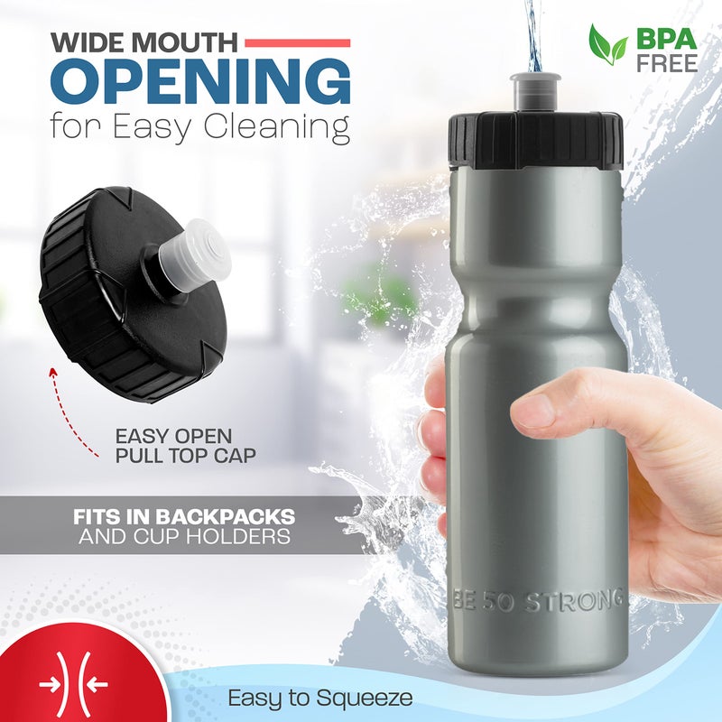 50 Strong Bulk Water Bottles 24-Pack â€“ 22 oz BPA-Free Sports Bottles with Easy-Open Pull Top Cap â€“ Made in USA â€“ Reusable & Top Rack Dishwasher Safe Brand - Image 2