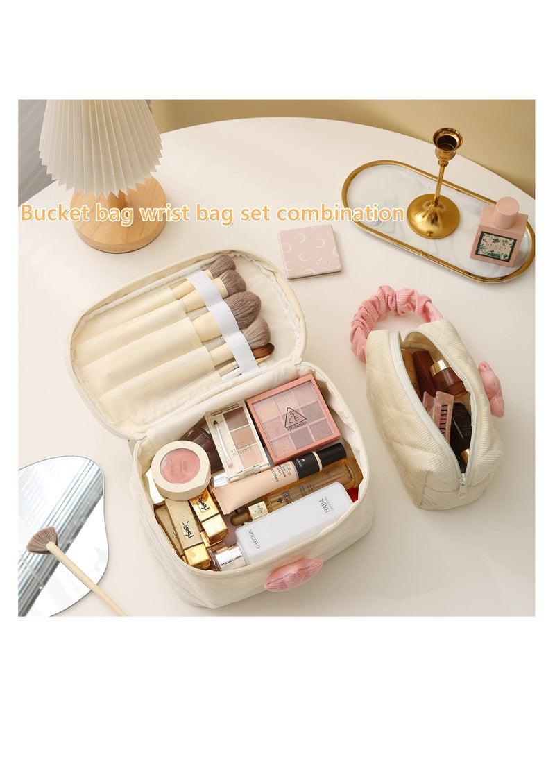 طقم حقيبة مكياج من قماش الكوردuroy - منظم دلو كبير وجراب لطيف للنساء والفتيات، حقائب تجميل متوافقة مع السفر، هدية مثالية (كريم أبيض) - 2 عبوة - Image 2