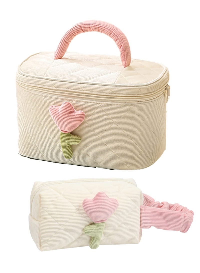 طقم حقيبة مكياج من قماش الكوردuroy - منظم دلو كبير وجراب لطيف للنساء والفتيات، حقائب تجميل متوافقة مع السفر، هدية مثالية (كريم أبيض) - 2 عبوة - Image 1