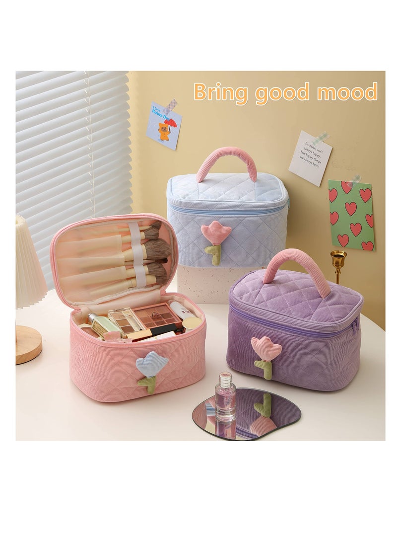 طقم حقيبة مكياج من قماش الكوردuroy - منظم دلو كبير وجراب لطيف للنساء والفتيات، حقائب تجميل متوافقة مع السفر، هدية مثالية (كريم أبيض) - 2 عبوة - Image 5