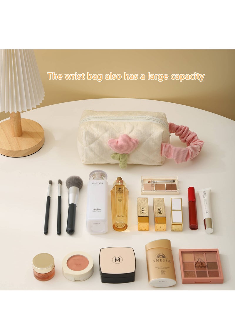 طقم حقيبة مكياج من قماش الكوردuroy - منظم دلو كبير وجراب لطيف للنساء والفتيات، حقائب تجميل متوافقة مع السفر، هدية مثالية (كريم أبيض) - 2 عبوة - Image 3