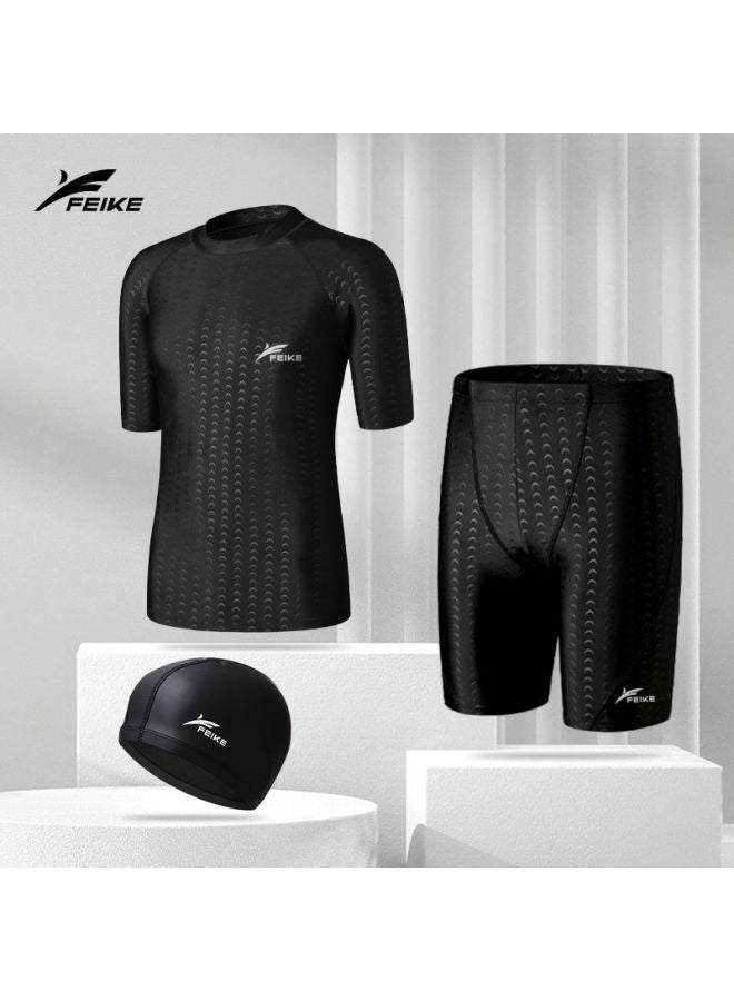 Swim Trunks Men's Swimsuit Quick-drying Imitation Leather Jacket Five-point Pants Anti-embarrassment Professional Swimming Training Suit Wholesale-Color:Imitation Shark Half Length Swimming Trunks + Swimsuit + Swimming Cap-