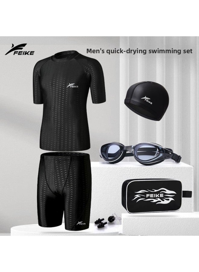Swim Trunks Men's Swimsuit Quick-drying Imitation Leather Jacket Five-point Pants Anti-embarrassment Professional Swimming Training Suit Wholesale-Color:Imitation Shark Half Length Swimming Trunks + Swimsuit + Swimming Cap-