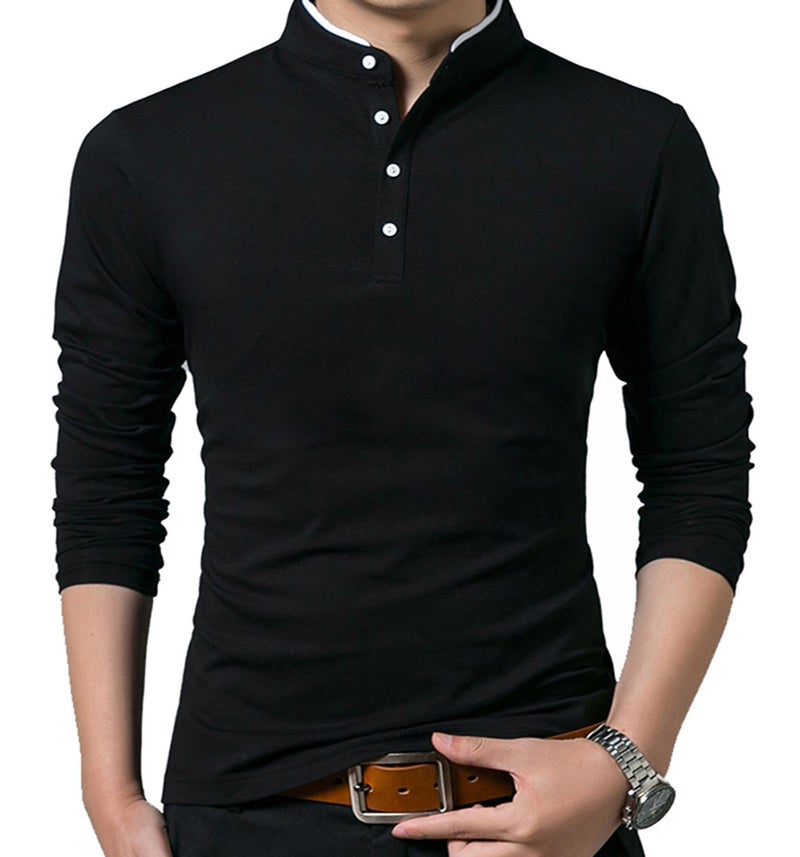 YTD Men's Casual Slim Fit Pure Color Long Sleeve Polo Fashion T-Shirts (US X-Large, Long Sleeve Black) - Image 2