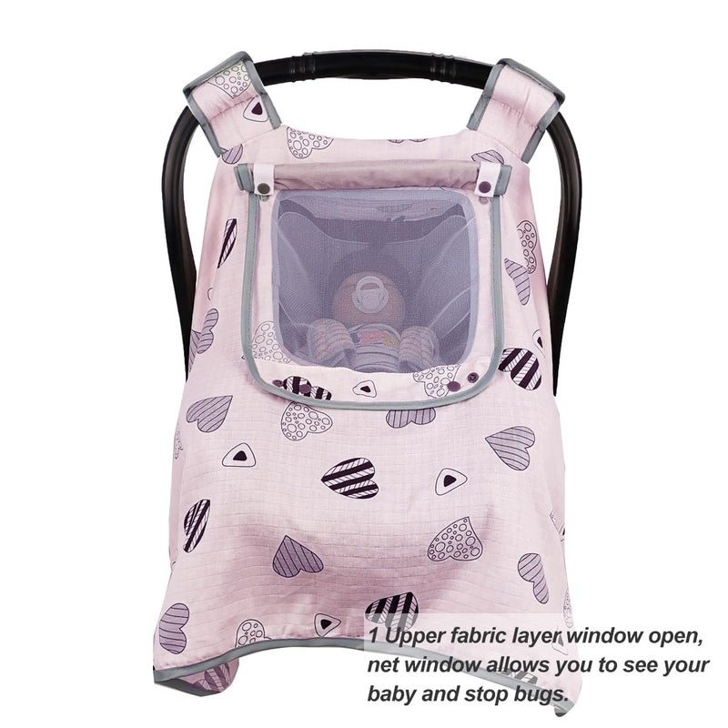 ICOPUCA Car seat Covers for Babies, Infant Carseat Canopy for Newborn Carrier, Kick Proof Yet Anti-Slip Design, Muslin, fit Summer, Spring, Autumn, Pink Heart, Perfect for Girl; - Image 3