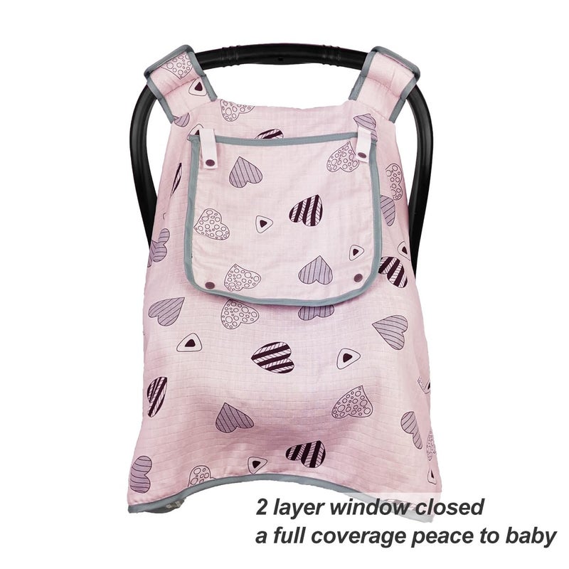 ICOPUCA Car seat Covers for Babies, Infant Carseat Canopy for Newborn Carrier, Kick Proof Yet Anti-Slip Design, Muslin, fit Summer, Spring, Autumn, Pink Heart, Perfect for Girl; - Image 2