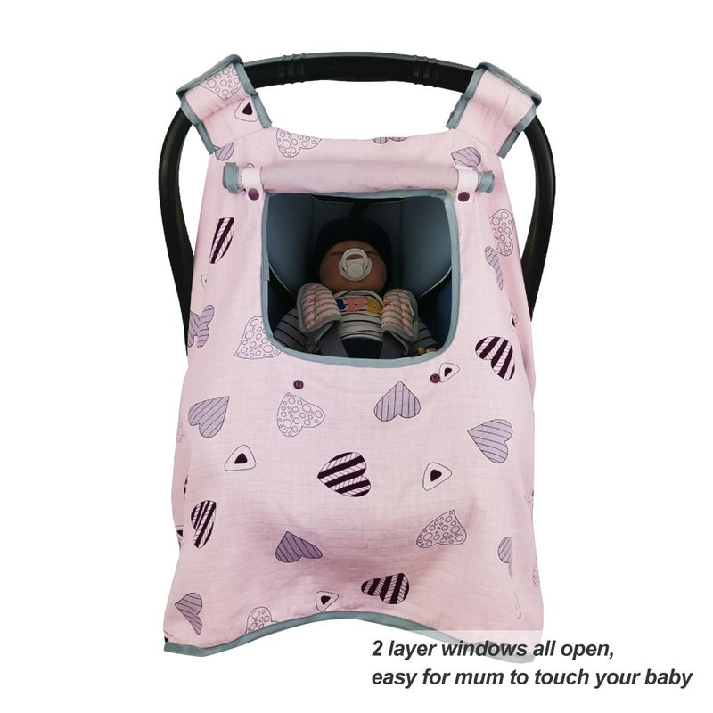 ICOPUCA Car seat Covers for Babies, Infant Carseat Canopy for Newborn Carrier, Kick Proof Yet Anti-Slip Design, Muslin, fit Summer, Spring, Autumn, Pink Heart, Perfect for Girl; - Image 4
