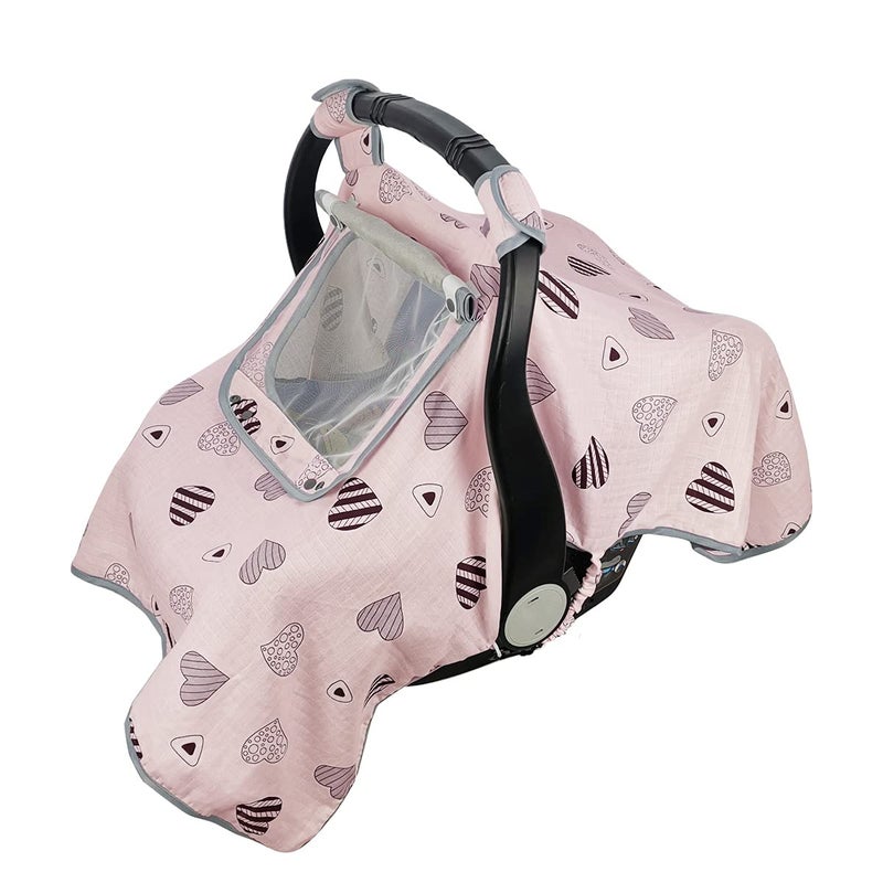 ICOPUCA Car seat Covers for Babies, Infant Carseat Canopy for Newborn Carrier, Kick Proof Yet Anti-Slip Design, Muslin, fit Summer, Spring, Autumn, Pink Heart, Perfect for Girl; - Image 1