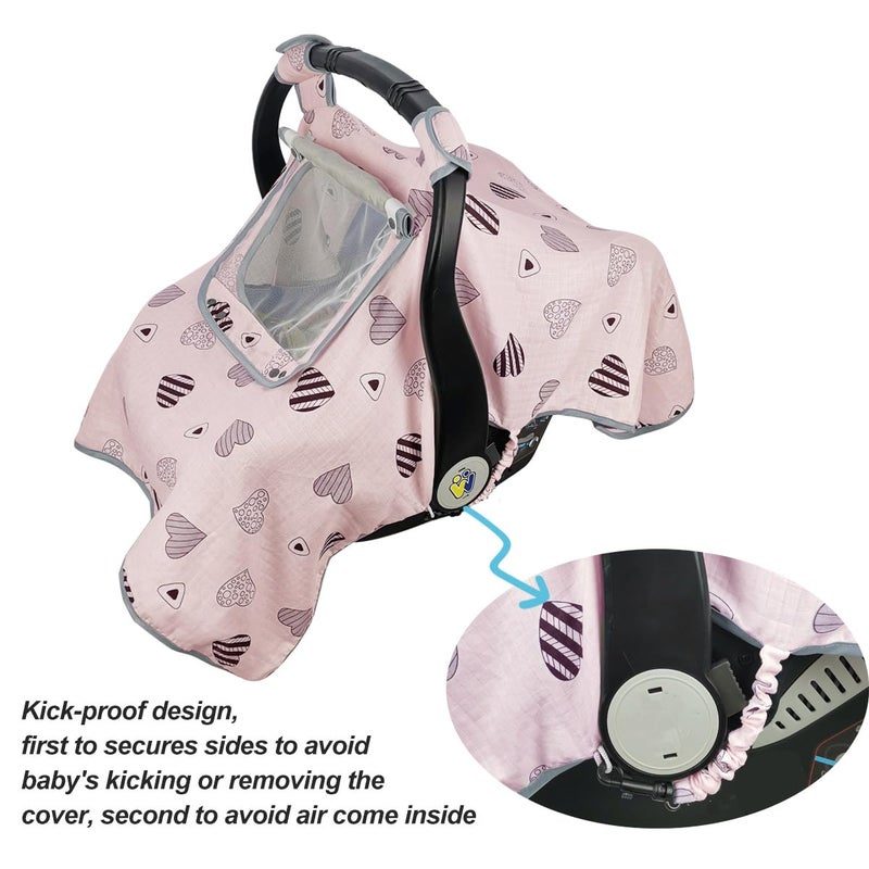 ICOPUCA Car seat Covers for Babies, Infant Carseat Canopy for Newborn Carrier, Kick Proof Yet Anti-Slip Design, Muslin, fit Summer, Spring, Autumn, Pink Heart, Perfect for Girl; - Image 5