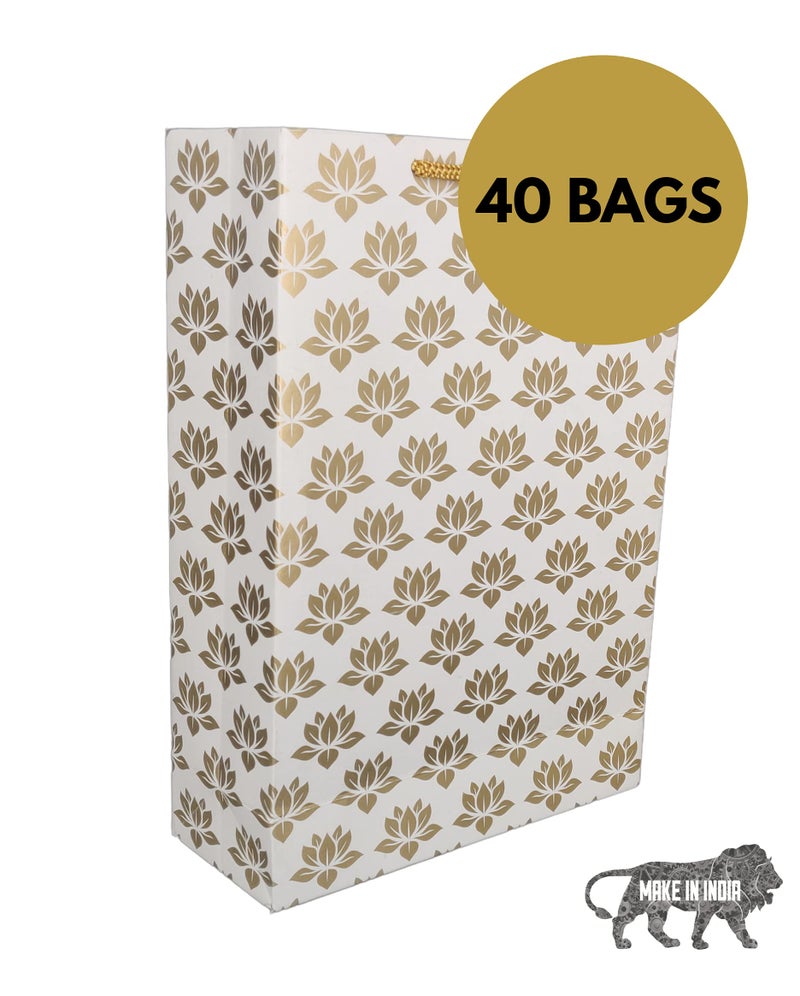 Arrow Paper Products Golden Lotus Design Paper Gift Bags for Gifting | Return Gifts | Weddings | Birthday & Holiday Presents (Size- 20.32 x 7.62 x 27.94 cm | Pack of 40) - Image 3