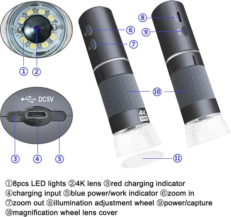 Jiusion WiFi USB Digital Handheld Microscope, 50 to 1000x Wireless Magnification Endoscope 4K 3840x2160P Camera 8 LEDs with Metal Stand for iPhone iPad Android Mac Windows Linux Chrome - Image 5