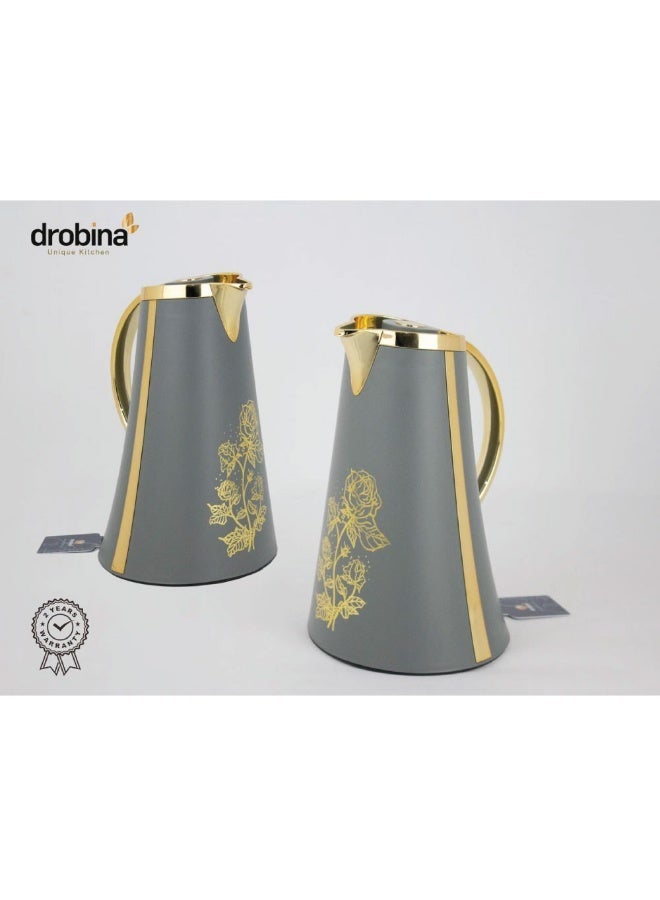 drobina Gray thermos set 1L + 1L for hot and cold drinks with golden pattern – ideal for tea, coffee, and daily hospitality. - Image 2