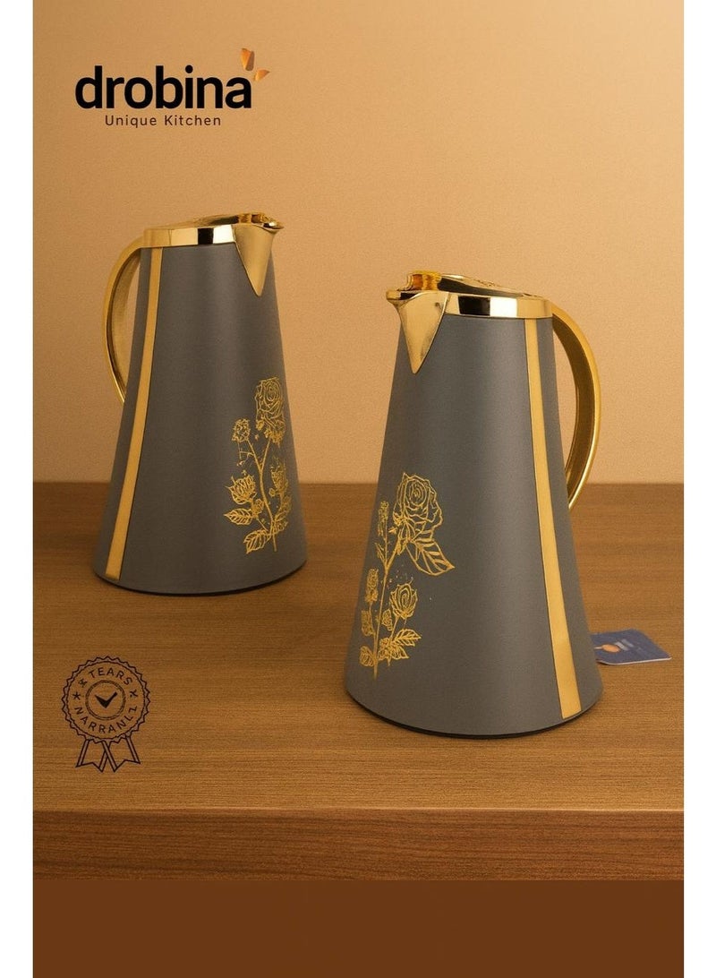 drobina Gray thermos set 1L + 1L for hot and cold drinks with golden pattern – ideal for tea, coffee, and daily hospitality. - Image 1