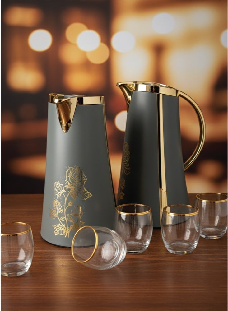دروبينا طقم ترامس بسعة 1لتر +1لتر  للشاي و القهوة للمشروبات الساخنة والباردة بنقش ذهبي - مناسب للضيافة اليومية -بلون رمادي - Image 1